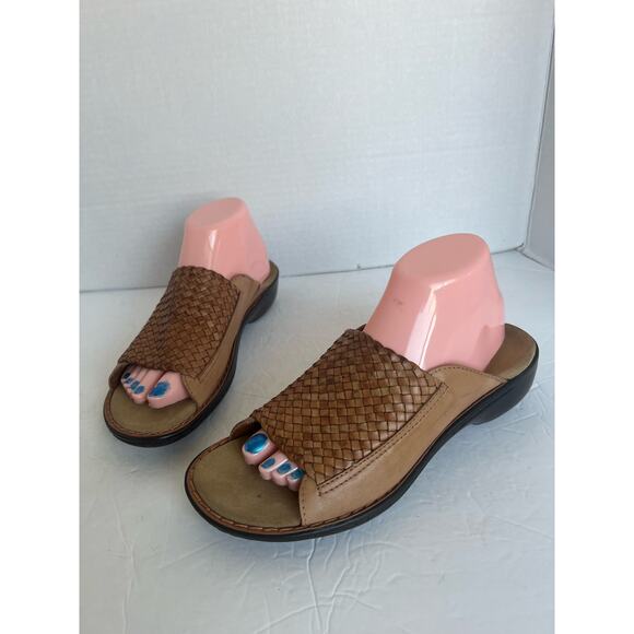 Clarks Ina Fancy Bendable Brown Braided Leather Upper Open Back Slide Shoes 9N - Picture 1 of 11